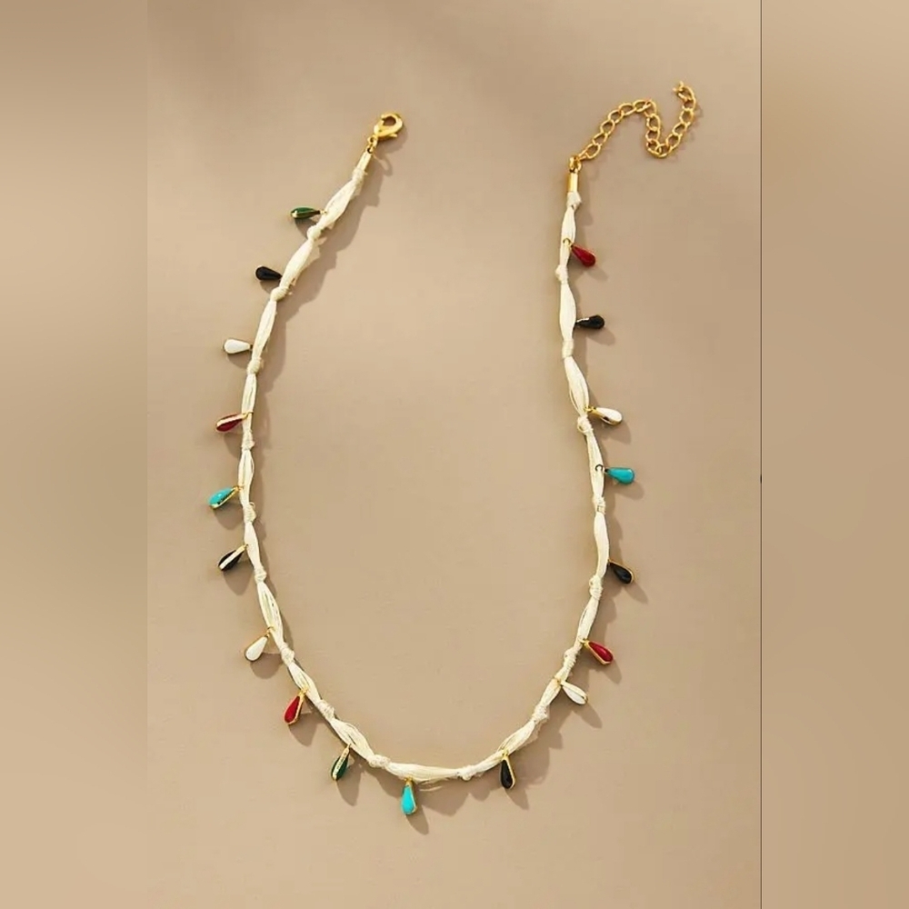 White Rope Necklace with Multicolor Teardrop Pendants